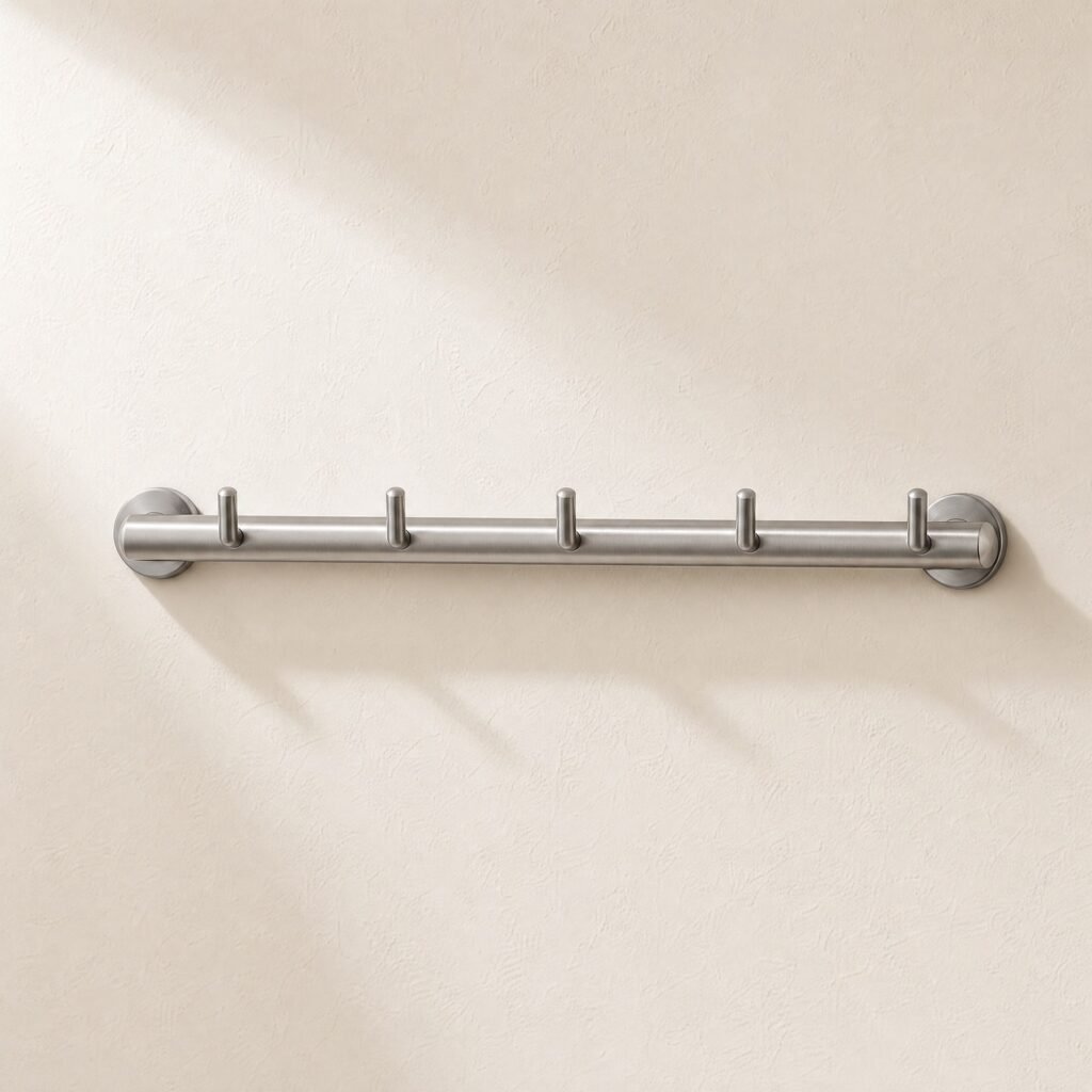 Five-Hook Rail, Brushed Stainless, 50 cm — a 50 cm brushed stainless steel wall rail with five small upturned hooks
