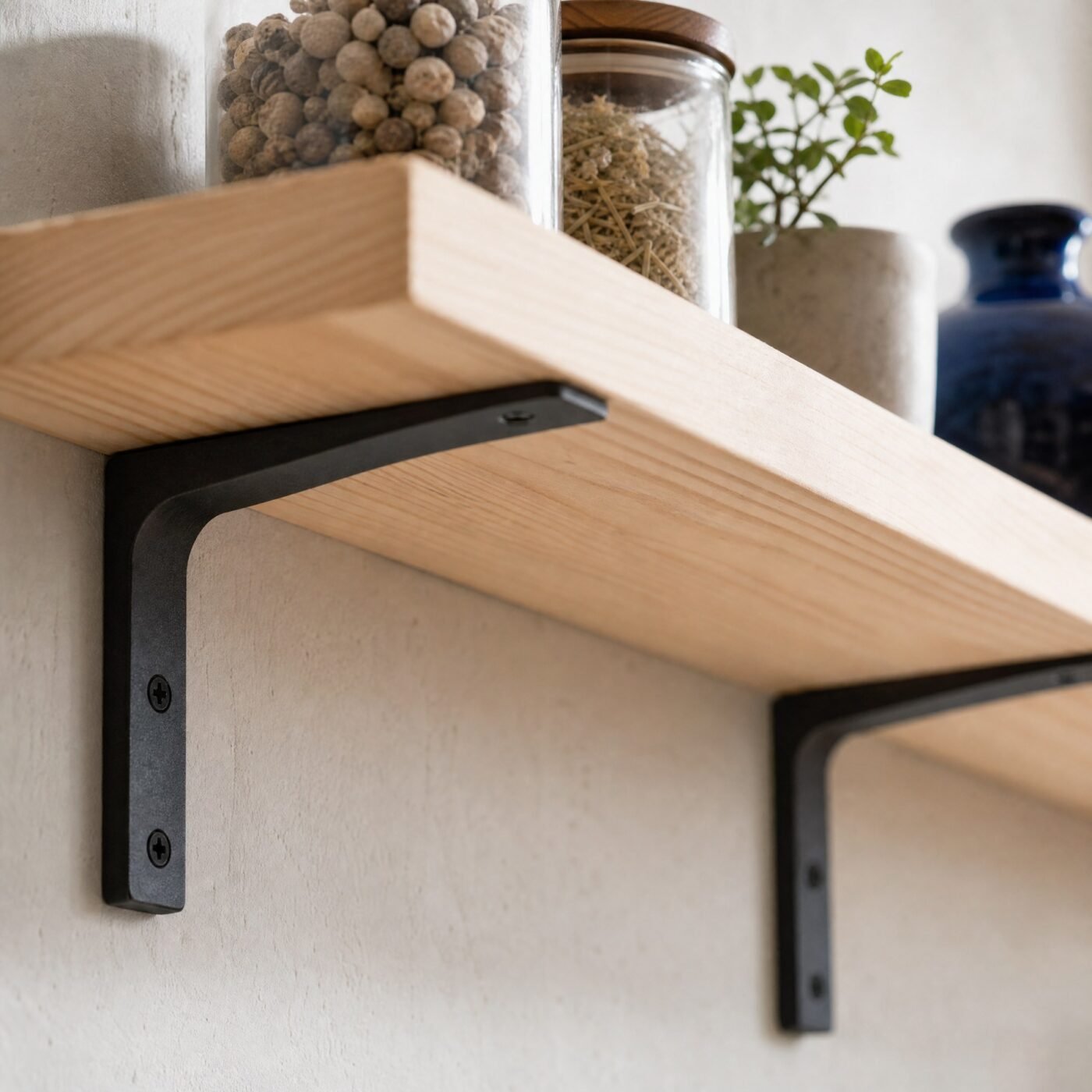 Pine Plank Shelf with Black Brackets — detail
