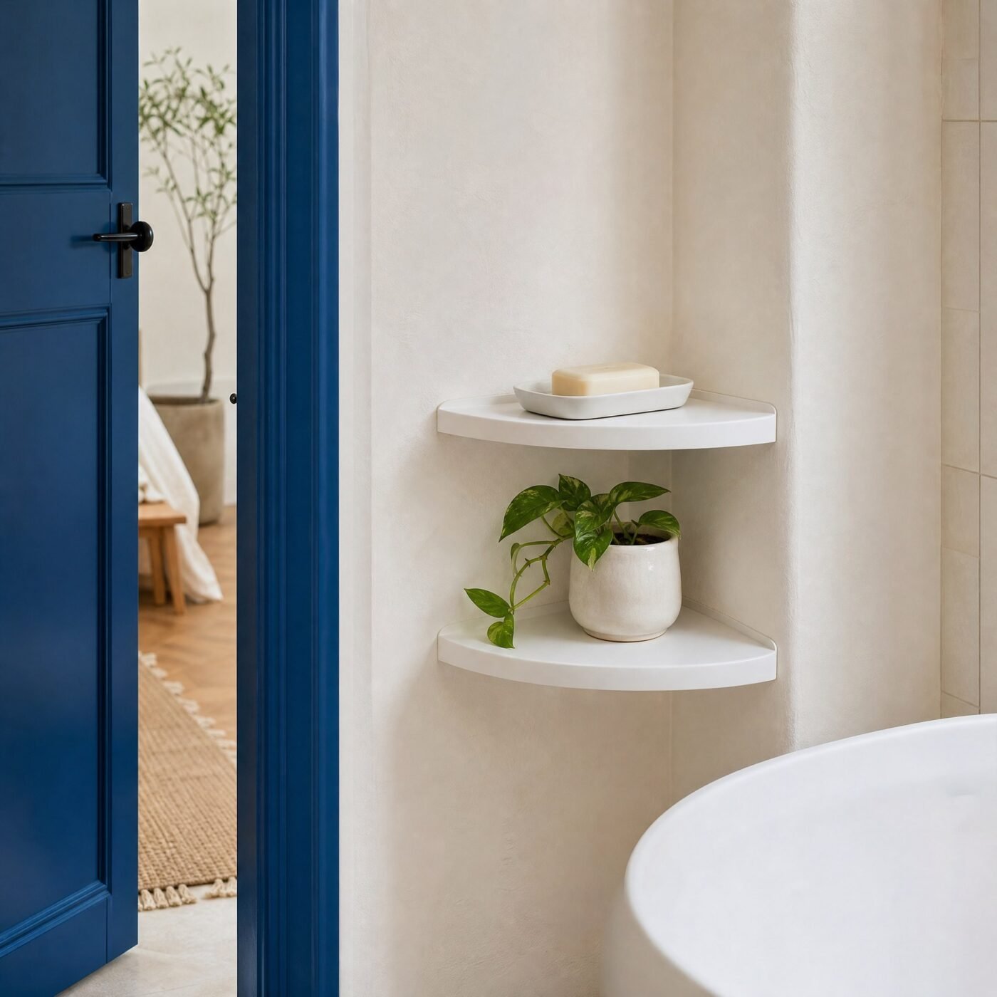 Two-Tier Corner Shelf, White — in a room
