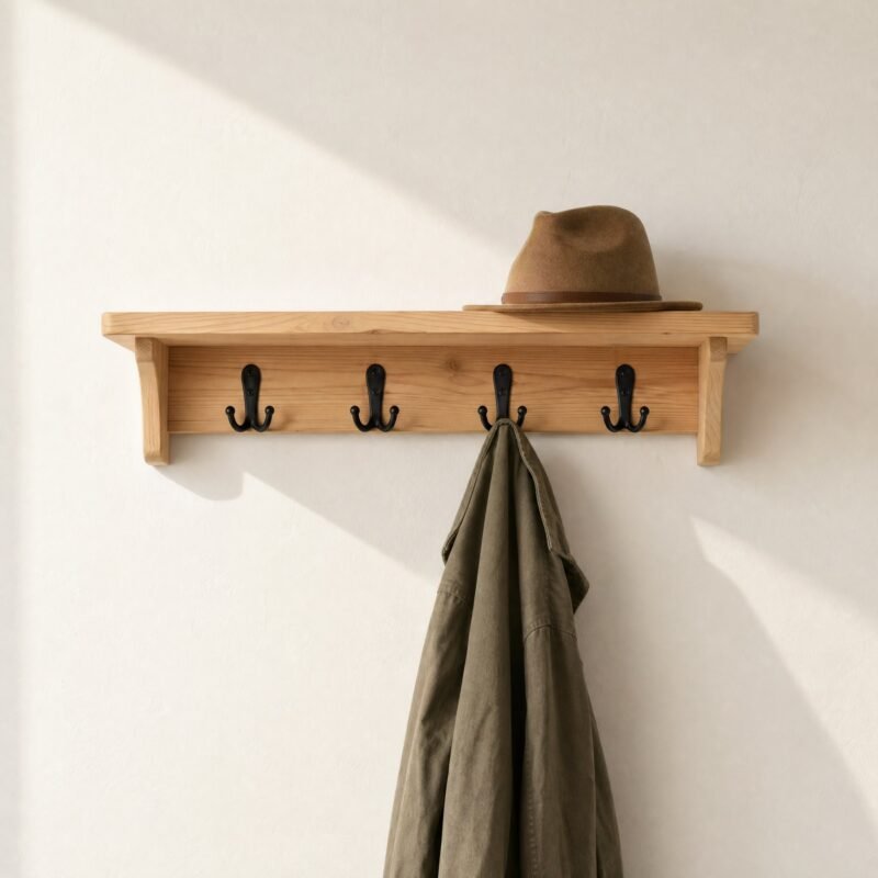 Pine Wall Shelf with Four Hooks, 60 cm